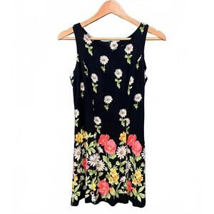 Vintage 90s Daisy Floral Shift Dress Black Sleeveless Mini Poppy Hem, Size XS*